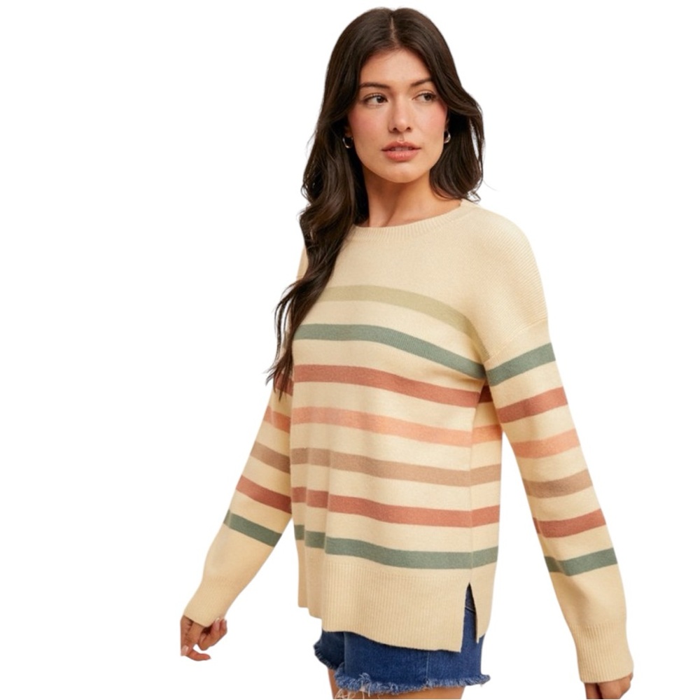 Hem & Thread CREW NECK STRIPE SPLIT HEM SWEATER